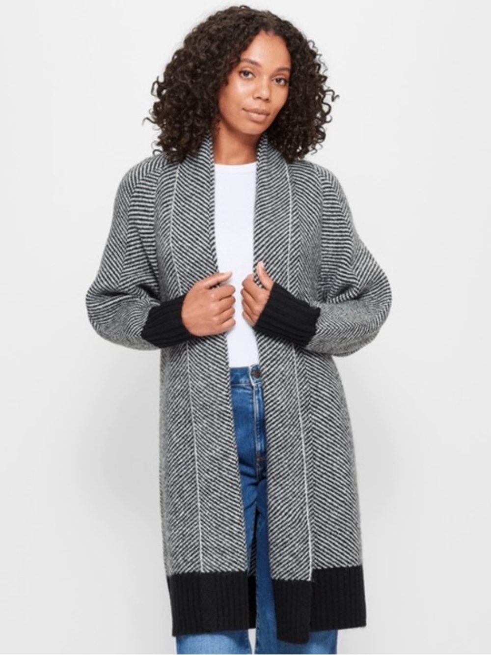 A New Day black white chevron striped ribbed long open front oversized cardigan